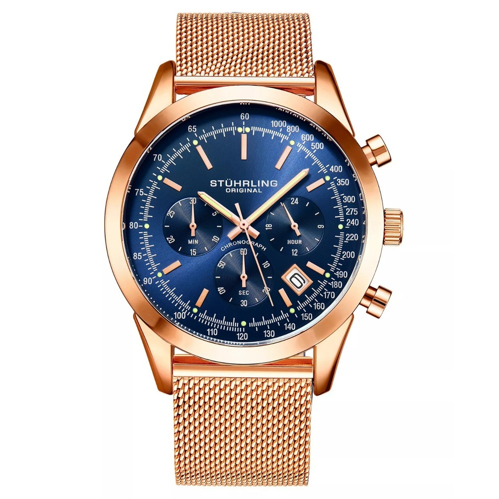 Stührling Preston 3975 Gold Stainless Steel Japan Quartz 44mm Chronograph NEW